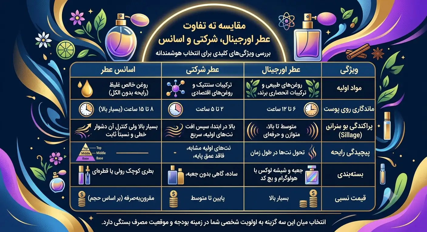 جدول مقایسه تفاوت عطر اورجینال، شرکتی و اسانس